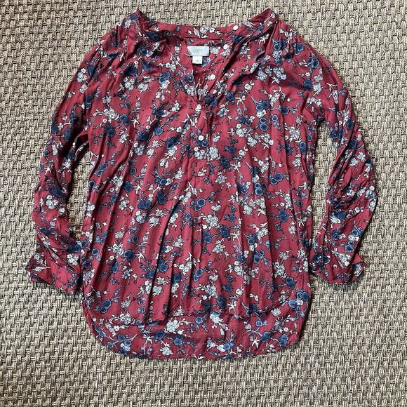 Ann Taylor Loft Red Floral Blouse Women’s Medium 3/4 Roll Tab Sleeve Hi Lo Hem - Picture 1 of 8